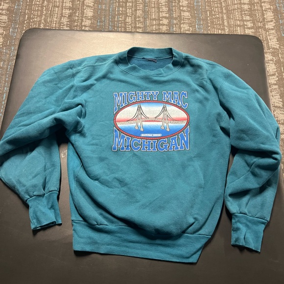 Mighty Mackinac Bridge Michigan Crewneck UP Upper Peninsula - Picture 1 of 3